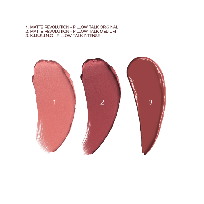 Swatches of three matte lipstick in nude pink, berry-pink, and berry-rose shades.