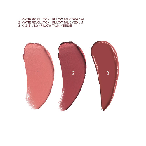 Swatches of three matte lipstick in nude pink, berry-pink, and berry-rose shades.