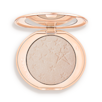 An open highlighter powder compact with a mirrored lid, in a shimmery silvery-opal shade. 