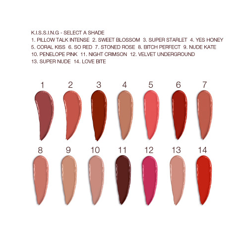 Swatches of fourteen lipsticks with a satin finish in shades of red, brown, orange, pink, and purple. 