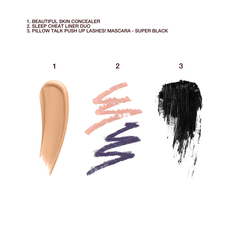 Swatches of a creamy liquid concealer, double-sided eyeliner pencil in jet black and nude beige, and black mascara. 