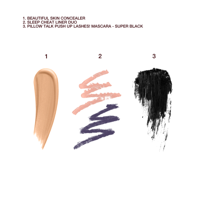 Swatches of a creamy liquid concealer, double-sided eyeliner pencil in jet black and nude beige, and black mascara. 