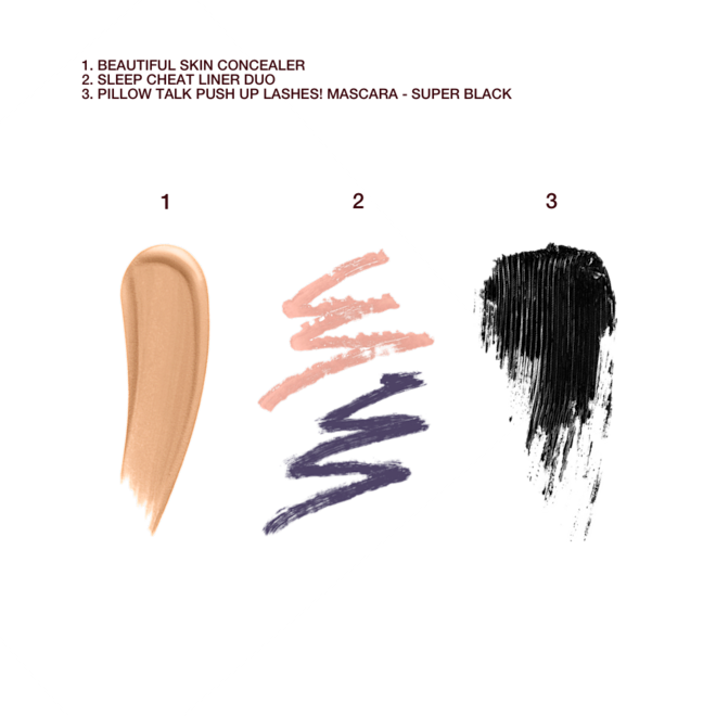 Eye Brightening Beauty Secrets Kit swatches Swatches of a creamy liquid concealer, double-sided eyeliner pencil in jet black and nude beige, and black mascara.