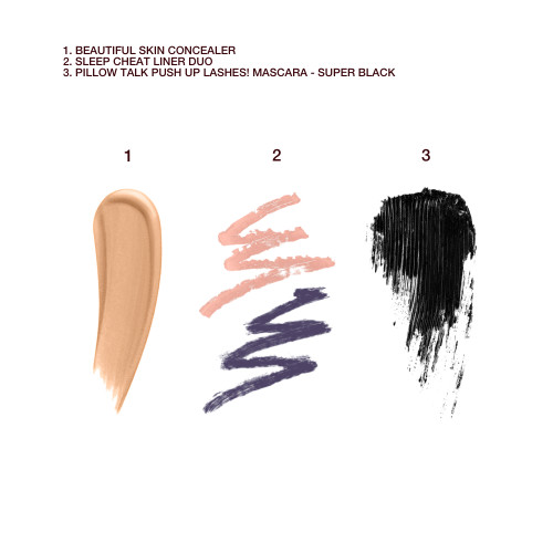 Swatches of a creamy liquid concealer, double-sided eyeliner pencil in jet black and nude beige, and black mascara. 