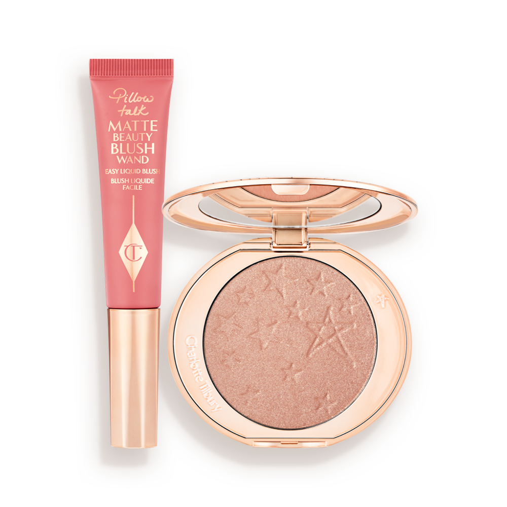 A matte pink liquid blush and powder highlighter