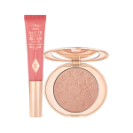 A matte pink liquid blush and powder highlighter