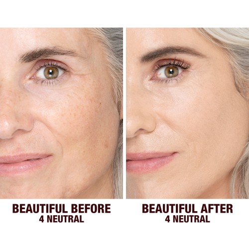 Before and after shots of a light-tone model without any makeup and then wearing glowy, flawless skin, wearing skin-like foundation that adds a youthful glow and looks natural along with nude pink lipstick and subtle everyday eye makeup.