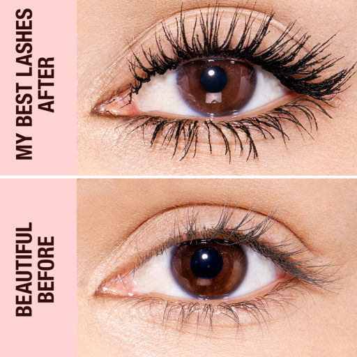 GIF of before and after of a fair-tone model wearing jet black mascara that lengthens the lashes and gives them an appearance of false lashes.