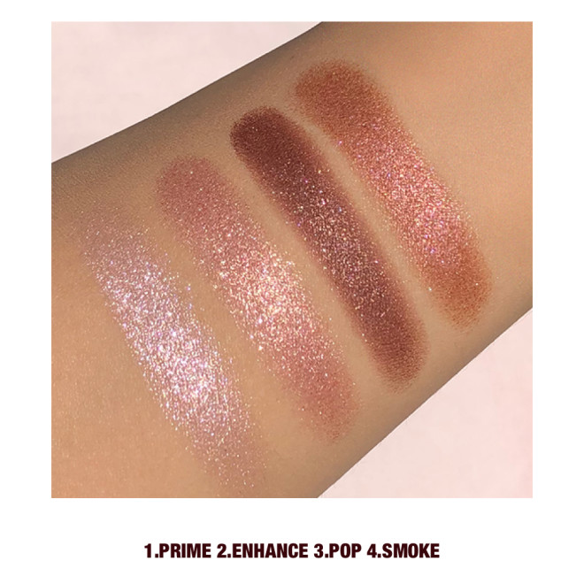 Arm swatches of four shimmery eyeshadows in ice pink, rose gold, dark brown, and coppery-pink.