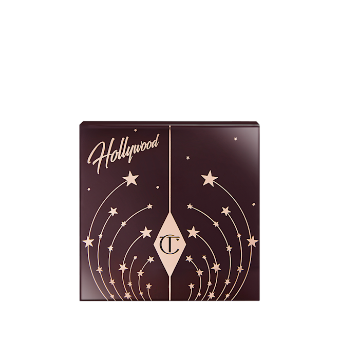 Hollywood Flawless Eye Filter in Eyes of a Star closed Closed eyeshadow palette with a dark brown-coloured palette with gold-coloured stars all over and Hollywood written on top.