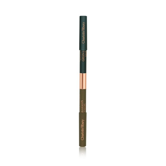 A closed, double-sided eyeliner with half of the outside a dark khaki and the other half a bottle green colour. 