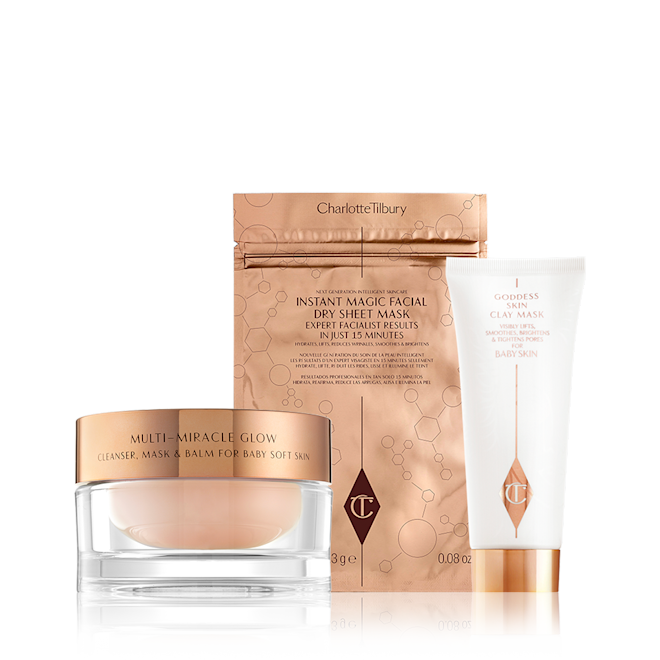 Makellose Gesichtsmaske Kit Pack Shot Flawless Face Mask Kit Shot mit Multi Miracle Glow Moisturiser, Gesichtsmaske und Goddess Skin Clay Mask