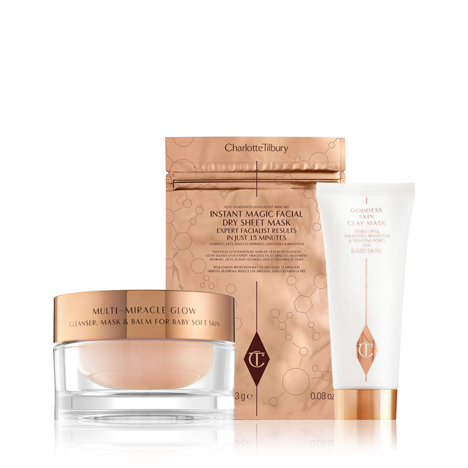 Flawless Face Mask kit Pack Shot with Multi Miracle Glow Moisturiser, Face Mask and Goddess Skin Clay Mask