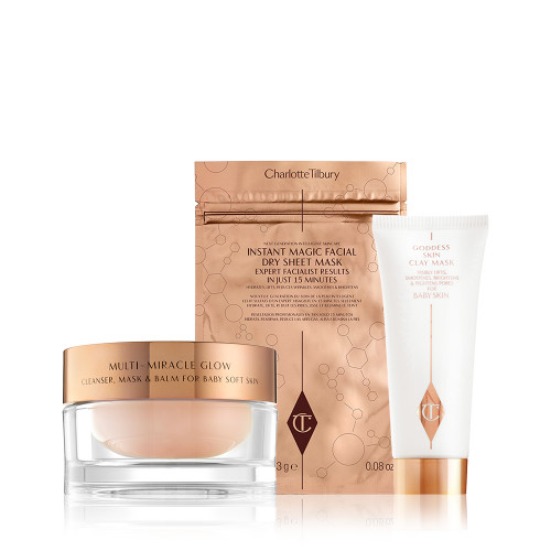 Flawless Face Mask kit Pack Shot with Multi Miracle Glow Moisturiser, Face Mask and Goddess Skin Clay Mask