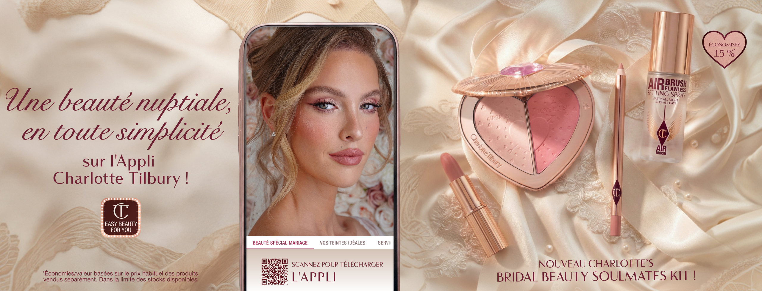 Une beauté nuptiale, en toute simplicité sur l'Appli Charlotte Tilbury !  NOUVEAU CHARLOTTE’S BRIDAL BEAUTY SOULMATES KIT ! Économisez 15 %*