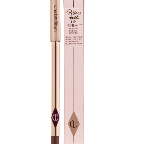 A dark red-brown lip liner pencil with a golden-coloured body with nude-pink box packaging. 
