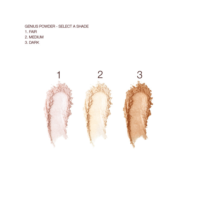 Swatches of threes etting powders in pale pink, banana yellow, and soft bronze colours. 