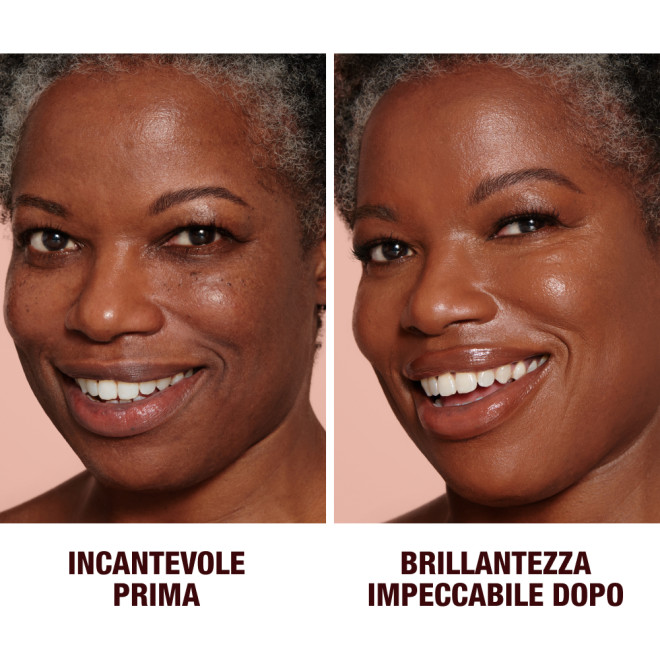 Before and after close-up of a deep-tone model with brown eyes wearing a luminous, glowy primer that blurs her pores and fine lines with black eyeliner and sheer lip gloss. 