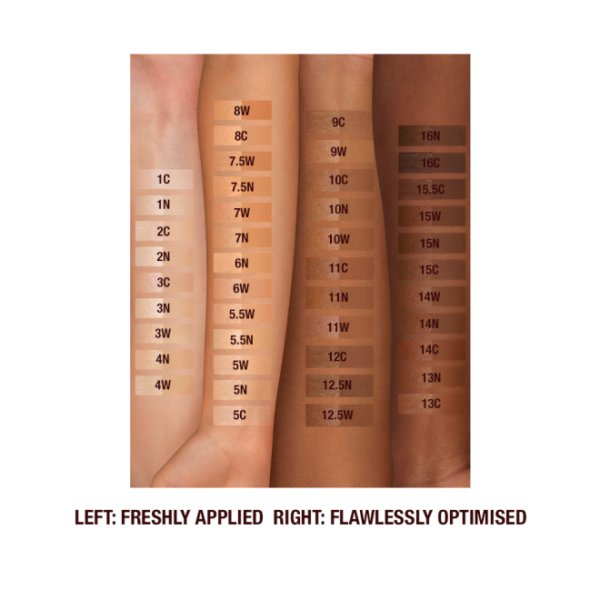 Fair, tan, medium-dark, and deep-tone arms with swatches of forty-four liquid foundations ranging from ivory, peach, and beige to sand, light brown, medium brown, and dark brown for fair, light, medium-light, medium, medium-dark, and deep tones.