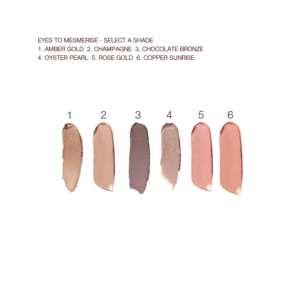 Swatches of six cream eyeshadows in champagne-bronze, oyster-gold, bronze-gold, grey-brown, rose gold, and amber gold. 