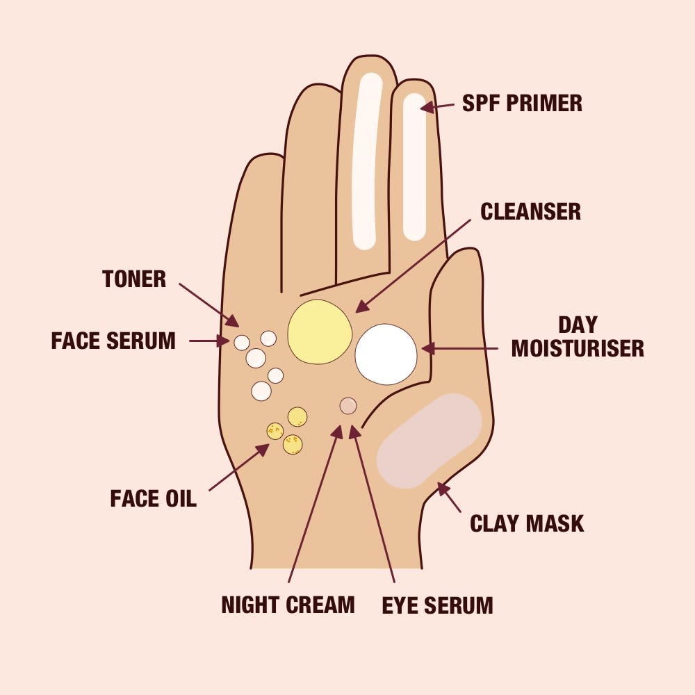 Illustrated hand showing amount of skincare product to use including SPF, cleanser, moisturiser, clay mask, eye serum, night cream, face oil, face serum, and toner