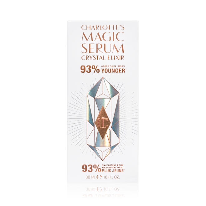 Magic Serum Crystal Elixir Outer packaging Charlotte's Magic Serum Crystal Elixir in its box that reads '93% agree skin looks younger.'