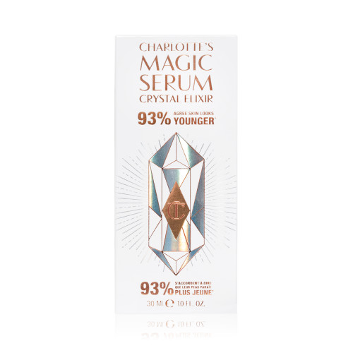 Charlotte's Magic Serum Crystal Elixir in its box that reads '93% agree skin looks younger.'