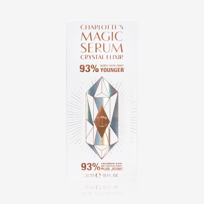 Magic Serum Crystal Elixir Outer packaging Charlotte's Magic Serum Crystal Elixir in its box that reads '93% agree skin looks younger.'