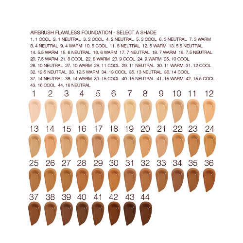  Swatches of forty-four liquid foundations ranging from ivory, peach, and beige to sand, light brown, medium brown, and dark brown for fair, light, medium-light, medium, medium-dark, and deep tones.