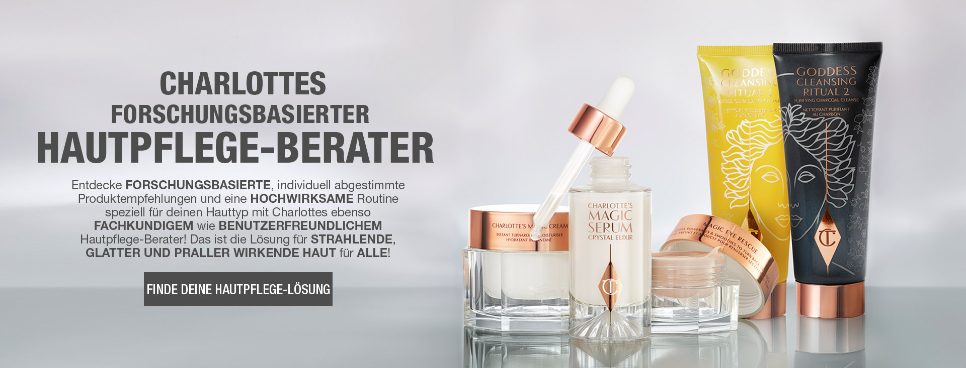 Banner with pearly-white cream in a glass jar with a rose-gold lid, luminous, ivory-coloured serum with a dropper lid, champagne-coloured eye cream in an open glass jar, and two facial cleansers in sleek lemon and black coloured tubes, along with text on the banner that reads, 'Charlotte's Research-powered skincare finder. Find your skincare solution!'
