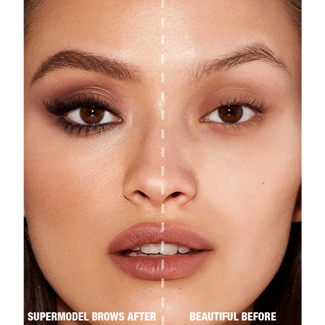 Close-up before and after of a medium-tone model with brown eyes not wearing any makeup in the before photo and her brows lined and filled with a medium brown-coloured eyebrow pencil, wearing smokey brown eyeshadow, black eyeliner, and nude pink lipstick in the after shot.