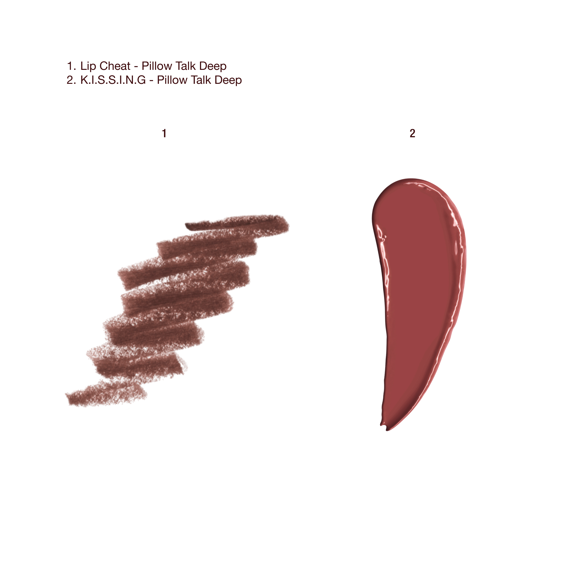 Swatches of a satin-finish lipstick in a deep berry-rose shade with a taupe-brown-coloured lip liner.