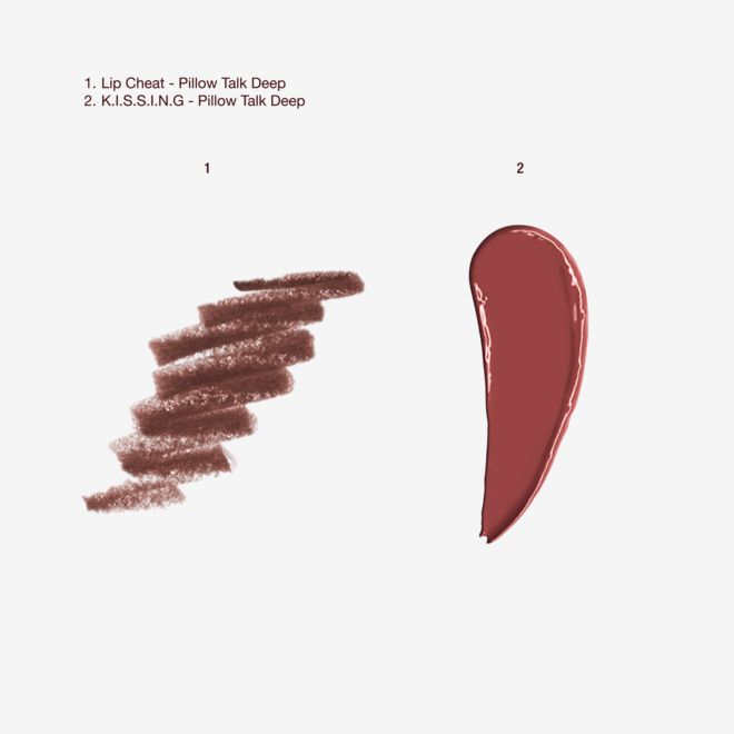 Travel Size Pillow Talk Intense Kit swatches Swatches of a satin-finish lipstick in a deep berry-rose shade with a taupe-brown-coloured lip liner.