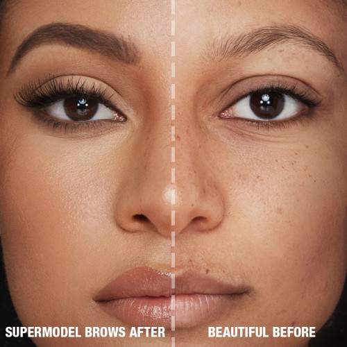 Before and after of a medium-tone model with brown eyes with bare brows on one side and thick, filled, and lined eyebrows on the other side after applying a dark-brown-coloured eyebrow pencil.
