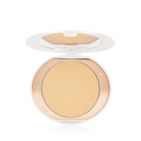 An open, setting powder compact with a mirrored-lid and white and gold-coloured packaging.