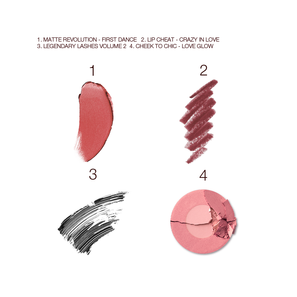 Swatches of a warm pink matte lipstick, a dark-pink lip liner, black mascara, and two-tone powder blush in cool pink. 