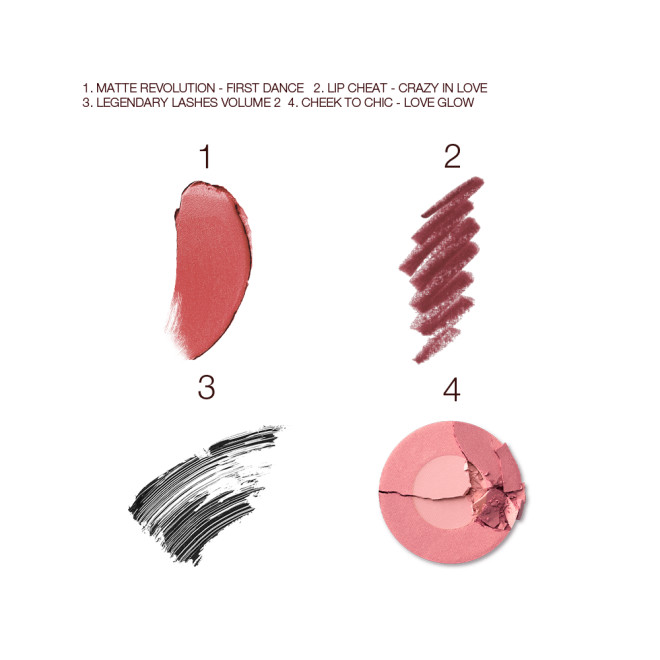 Swatches of a warm pink matte lipstick, a dark-pink lip liner, black mascara, and two-tone powder blush in cool pink. 