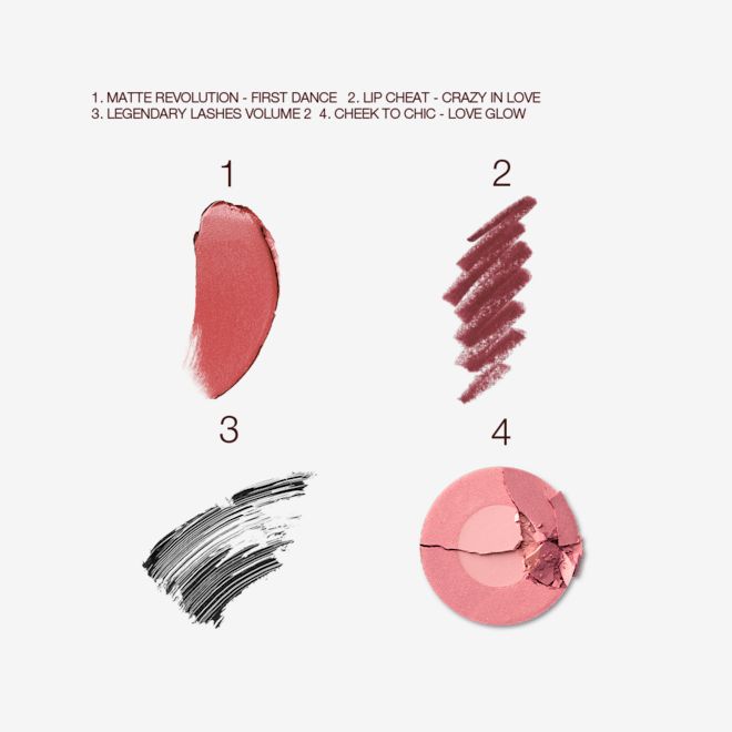 First Dance Bundle swatches Swatches of a warm pink matte lipstick, a dark-pink lip liner, black mascara, and two-tone powder blush in cool pink.