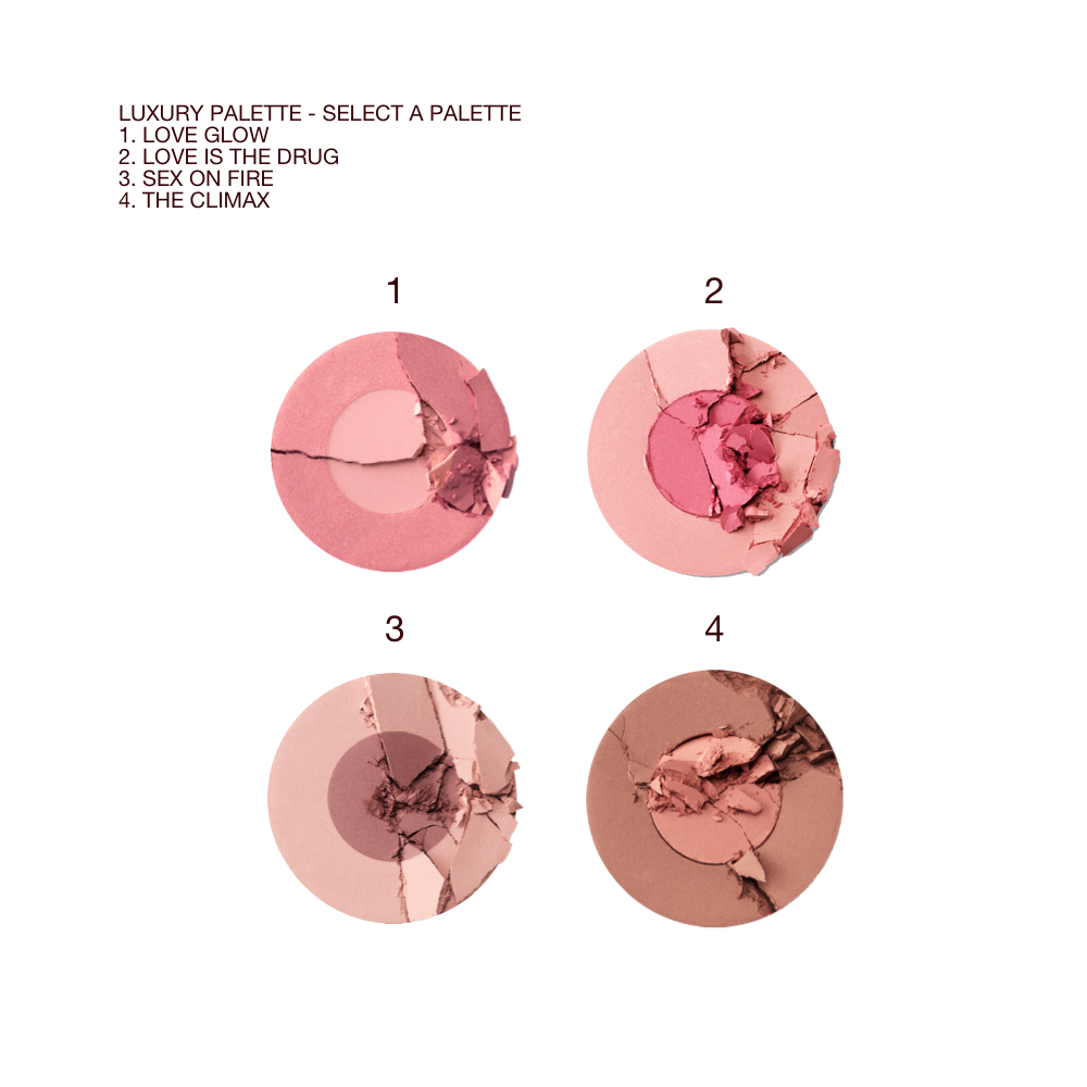 Swatches of four, two-tone blushes in shades of brown and pink, mauve and wine, nude pink and hot pink, and muted pink and medium pink.