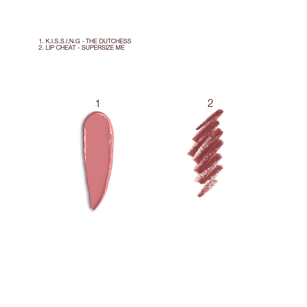 Swatches of a satin-finish lipstick in a tea rose pink shade and a lip liner pencil in a purplish red shade.