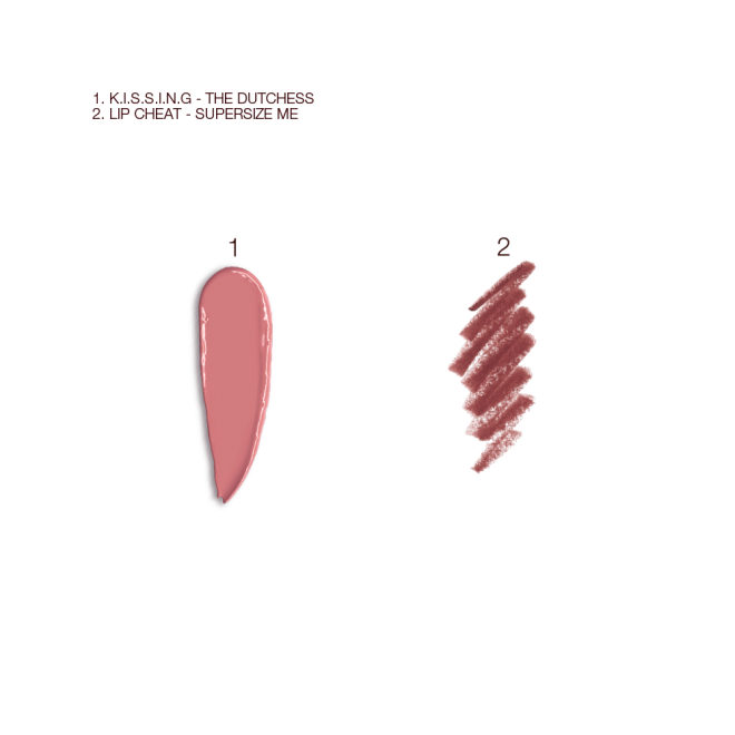 Swatches of a satin-finish lipstick in a tea rose pink shade and a lip liner pencil in a purplish red shade.