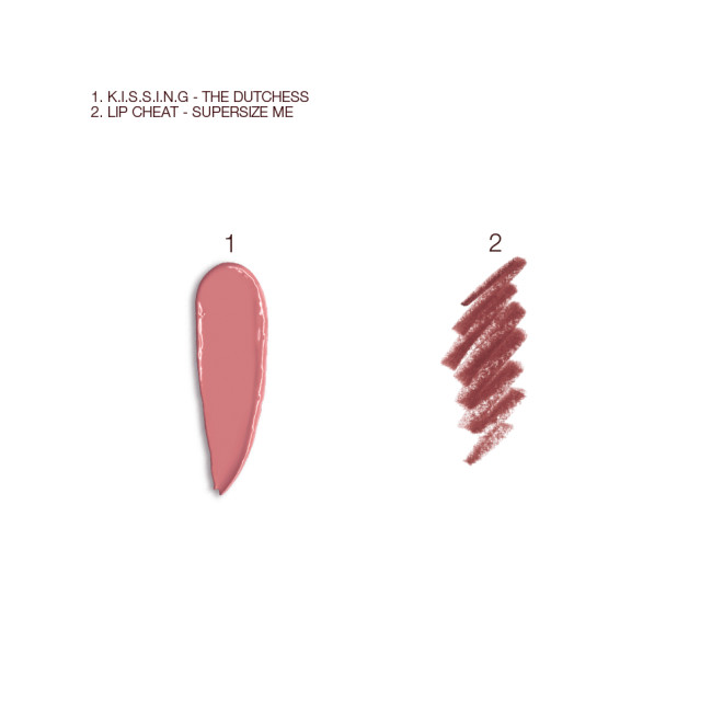 Swatches of a satin-finish lipstick in a tea rose pink shade and a lip liner pencil in a purplish red shade.