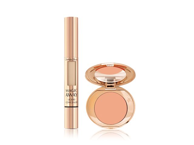 Liquid concealer in a golden-coloured tube with the words and an open under eye colour corrector compact in the peach shade in golden-coloured packaging with a mirrored-lid.