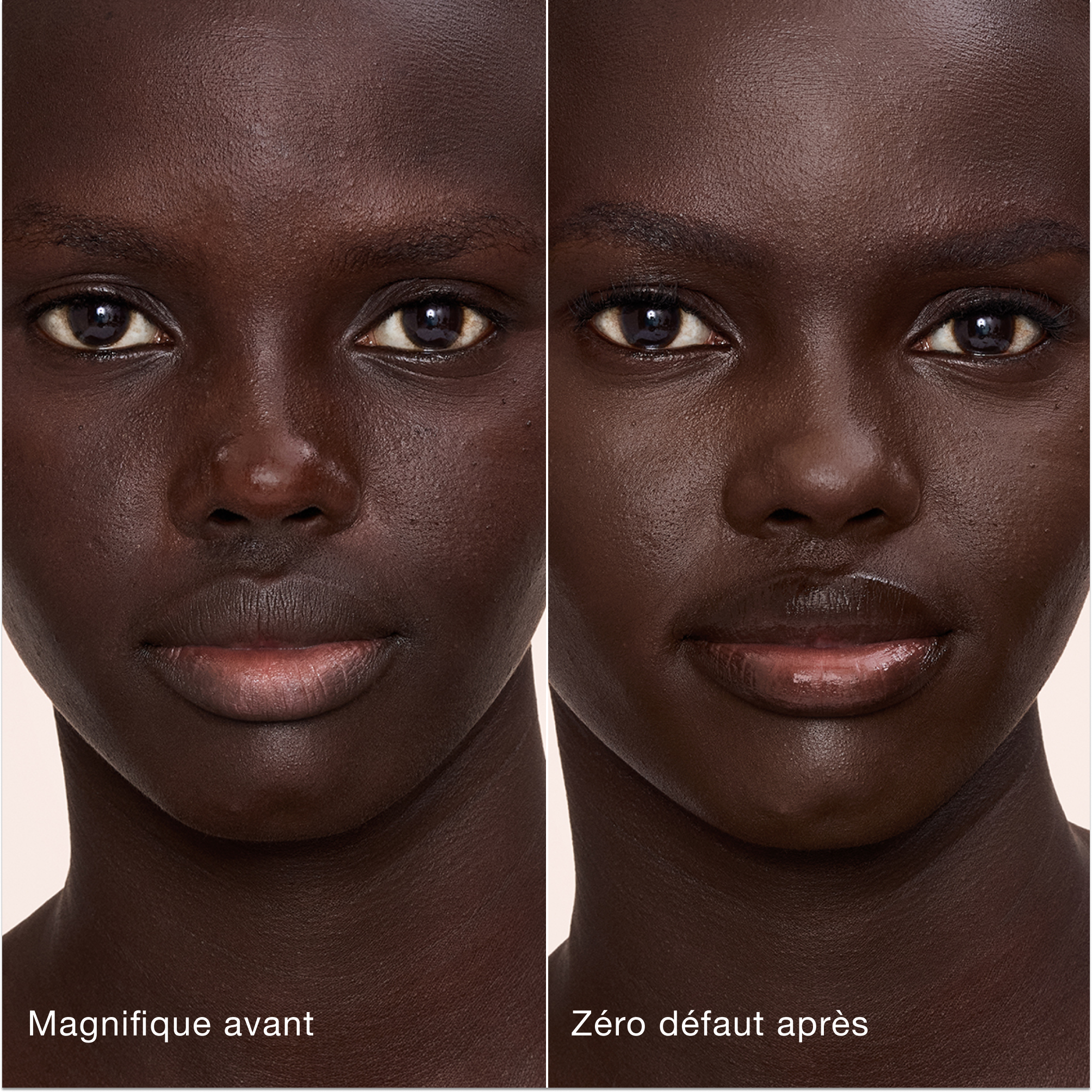 Comparaison côte à côte de la peau avant et après l'application de l'Airbrush Flawless Concealer de Charlotte Tilbury, avec les étiquettes de texte « Magnifique avant » et « Zéro défaut après ».