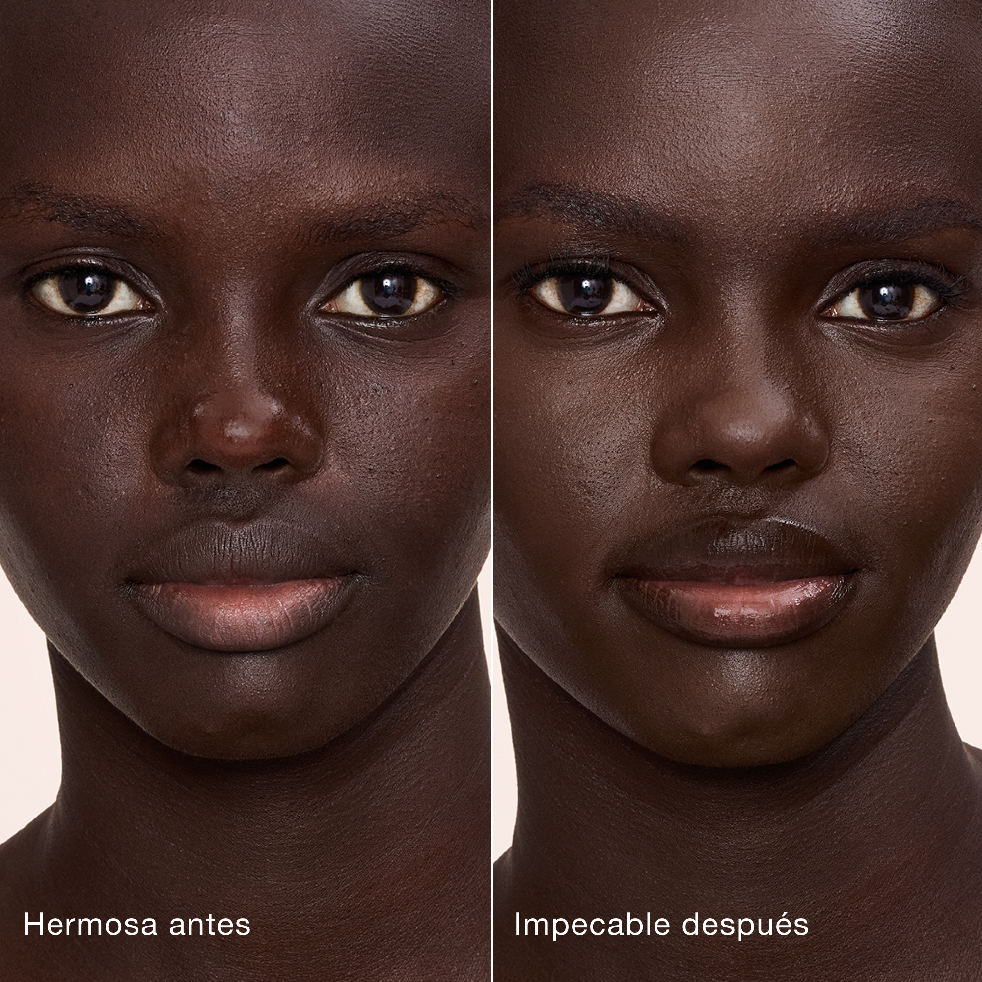 Comparación paralela que muestra la piel antes y después de aplicar el corrector Charlotte Tilbury Airbrush Flawless Concealer con las etiquetas de texto "Preciosa antes", "Impecable después".