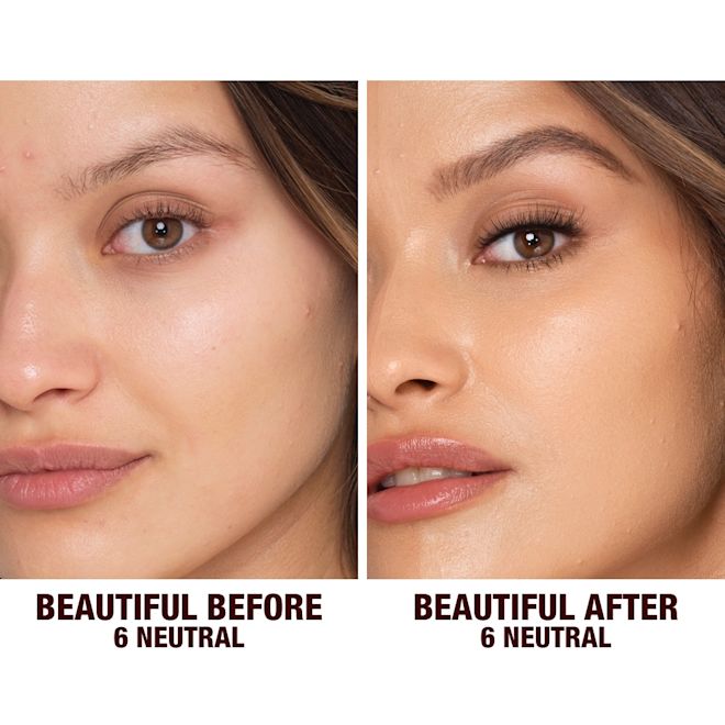 Beautiful Skin Foundation in 6 Neutral on medium-tone model before and after Before and after shots of a medium-tone model without any makeup and then wearing glowy, flawless skin, wearing skin-like foundation that adds a youthful glow and looks natural along with nude pink lipstick and subtle everyday eye makeup.