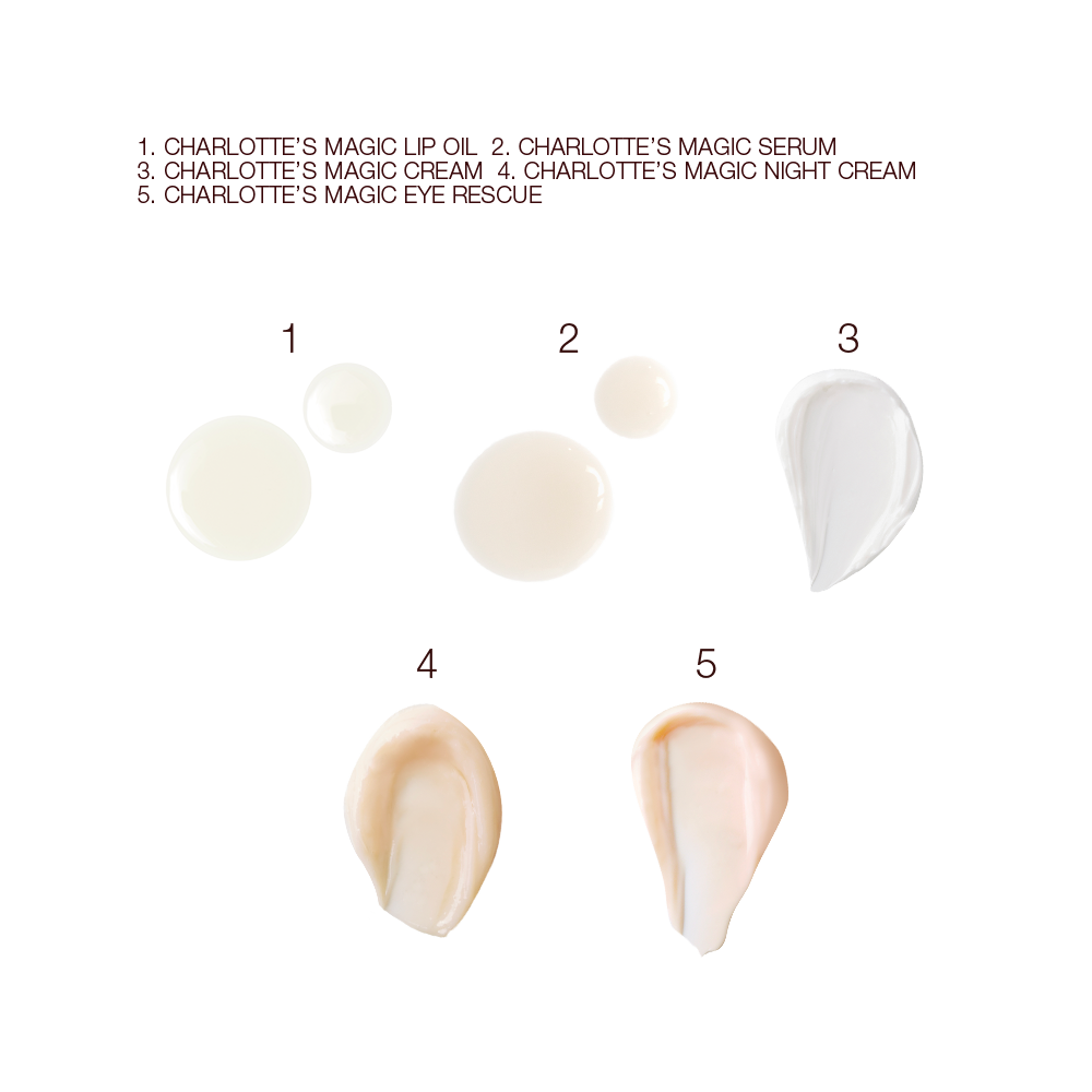 Swatches of a luminous, ivory-coloured serum, cream-coloured eye serum, pearly-white ace cream, fawn-coloured thick night cream, and beige-coloured eye cream. 