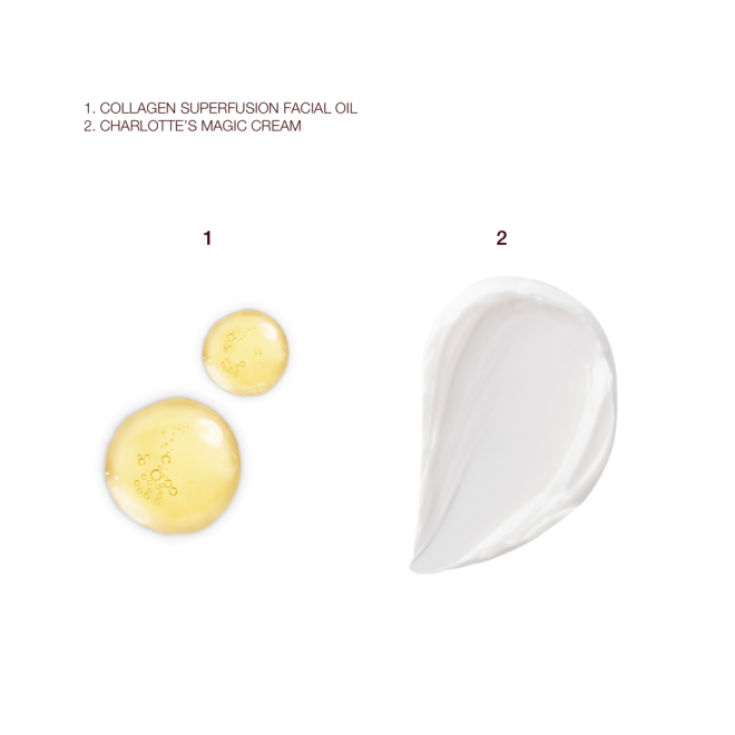 Swatches of light gold-coloured facial oil and pearly-white face cream. 