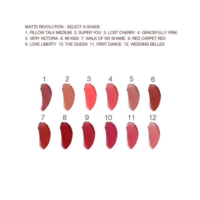 Swatches of twelve lipsticks with a matte finish in shades of red, brown, orange, pink, and purple. 