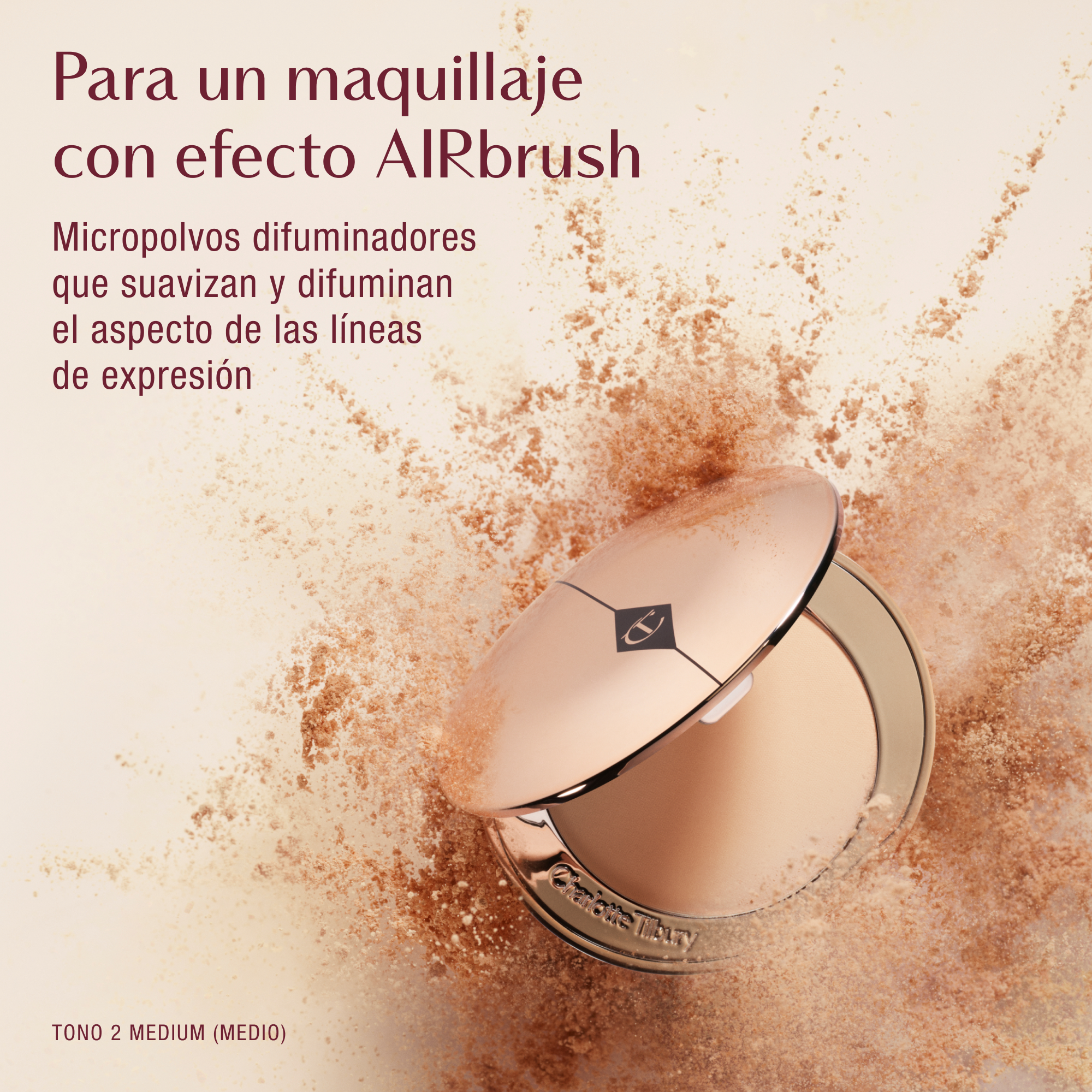 Charlotte Tilbury Airbrush Flawless Setting Powder compact with burst of powder particles, promoting soft-focus micro powders that smooth and blur fine lines, featuring shade 2 medium.